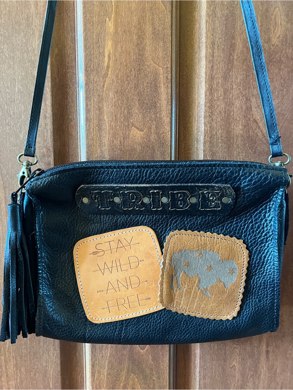 McFadin Bag Shoulder Crossbody with Tassel and Tan Patch Accents Black Leather